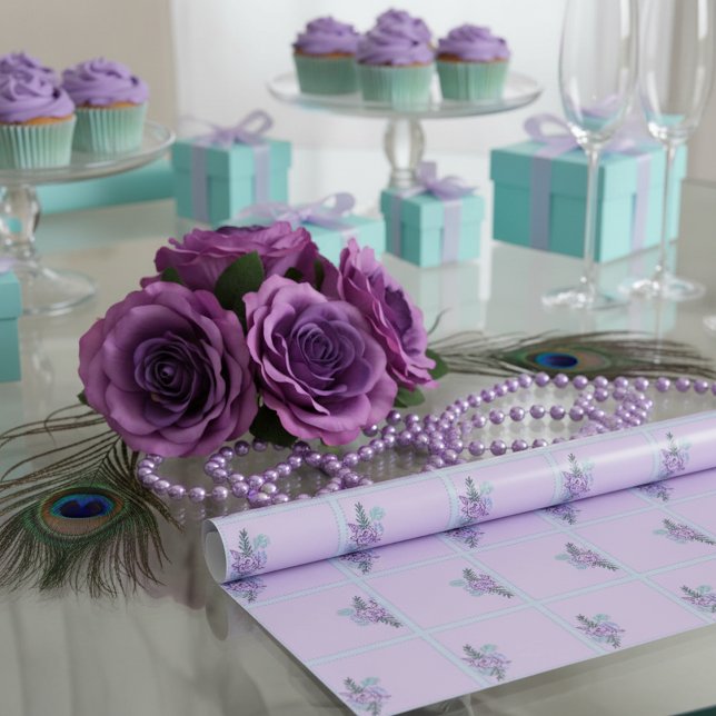 Papel De Presente Aqua Rosa (A serene table at a bridal shower with aqua blue and purple and coquette aesthetic)