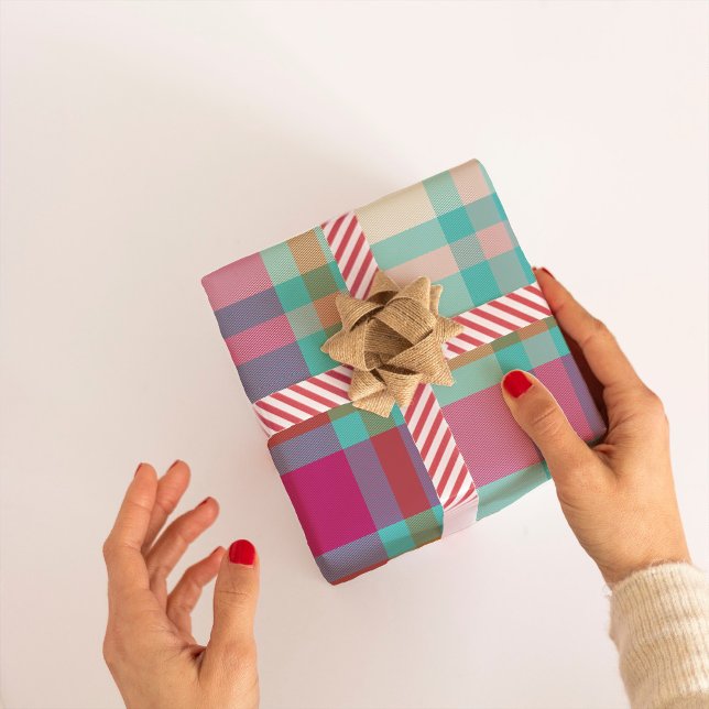 Papel De Presente Aqua rosa-rosa quente com Xadrez de Natal moderna (Criador carregado)