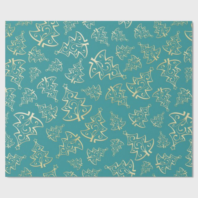 Papel De Presente  Aqua & Teal Xmas Wrapping Paper with Gold Accents (Aberto)