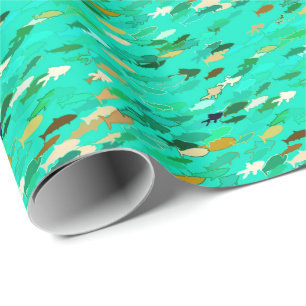 Papel De Presente Aqua, verde e peixes da natação do ouro
