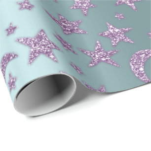 Papel De Presente Aqua violeta roxo da lavanda Sparkly da lua das