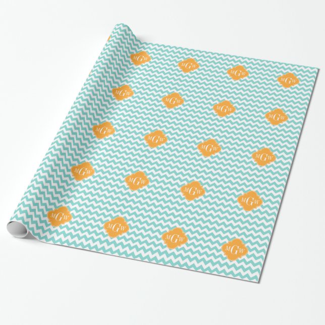 Papel De Presente Aqua Wht Chevron Cantaloupe Quatrefoil 3 Monograma (Desenrolado)