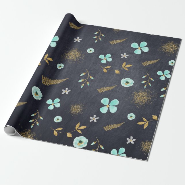 Papel De Presente Aquarela Azul e Dourada de Primavera (Desenrolado)