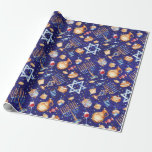 Papel De Presente Aquarela Azul Hanukkah Chanukah Dourada<br><div class="desc">Este design foi criado através da arte digital. Pode ser personalizado clicando no botão personalizar e alterando a cor, adicionando um nome, iniciais ou as suas palavras favoritas. Entre em contato comigo em colorflowcreations@gmail.com se você quiser usar este design em outro produto. Compre minha pintura de acrílico abstrato original para...</div>