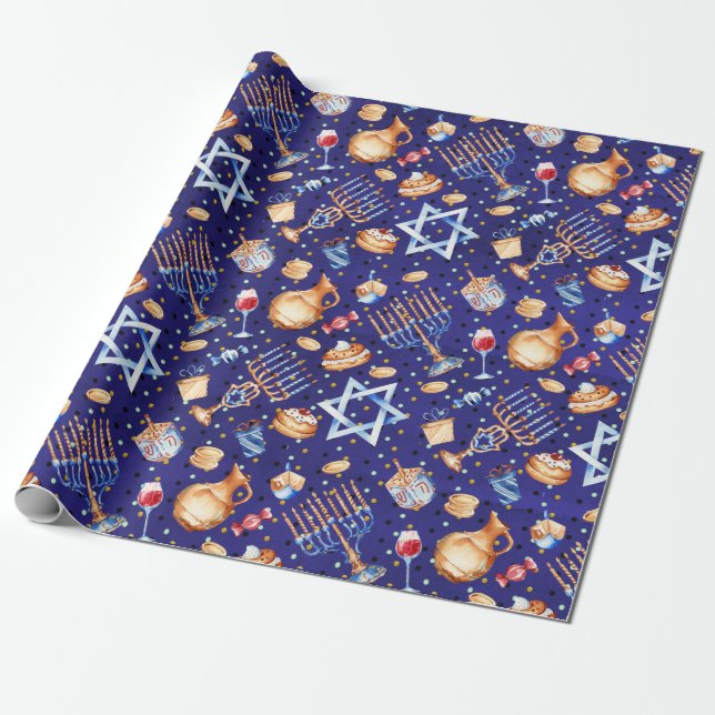 Papel De Presente Aquarela Azul Hanukkah Chanukah Dourada (Desenrolado)
