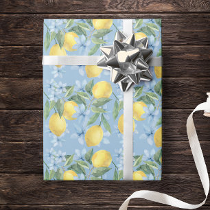 Papel De Presente Aquarela Azul Limão e Flores