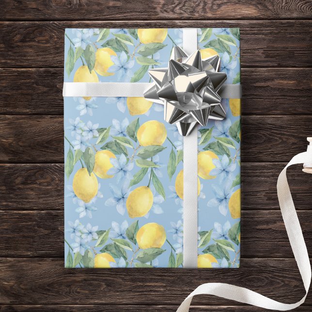 Papel De Presente Aquarela Azul Limão e Flores (Lemon and Blue Floral Watercolor Wrapping Paper. Great for a main squeeze party or lemon baby shower)