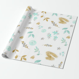 Papel De Presente Aquarela Azul Suave e Floral com Brilho Dourado