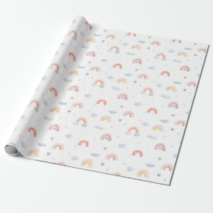 Papel De Presente Aquarela Boho Arco-íris Rosa e Nuvens