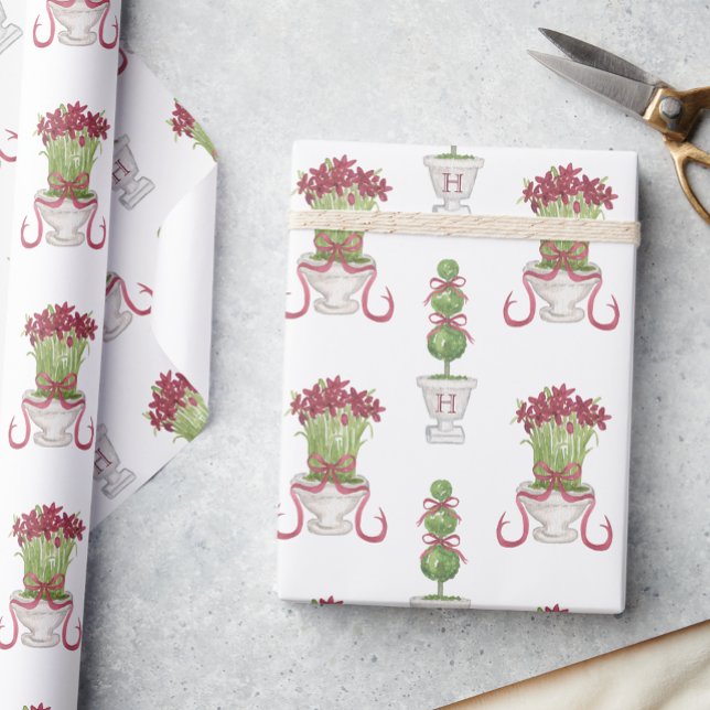Papel De Presente Aquarela Borgonha Amaryllis e Monograma Topiário (Criador carregado)