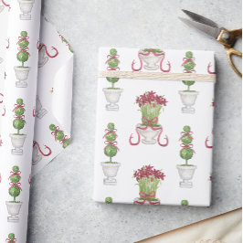Papel De Presente Aquarela Borgonha Amaryllis e Natal Topiário