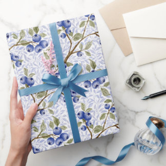 Papel De Presente Aquarela Botânica de Mirtilo Azul em Verde Branco