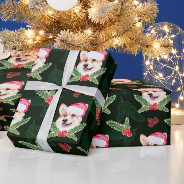 Papel De Presente Aquarela Cachorro de Natal, Azevinho, Pinheiro (Feriados)