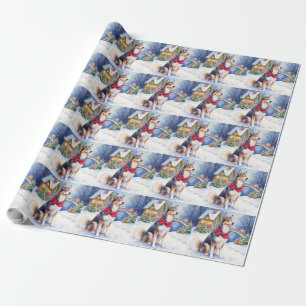 Papel De Presente Aquarela Cão Pastor Belga Natal de Inverno