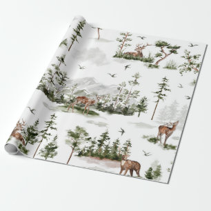 Papel De Presente Aquarela Cervos da Floresta da Montanha Nebulosa
