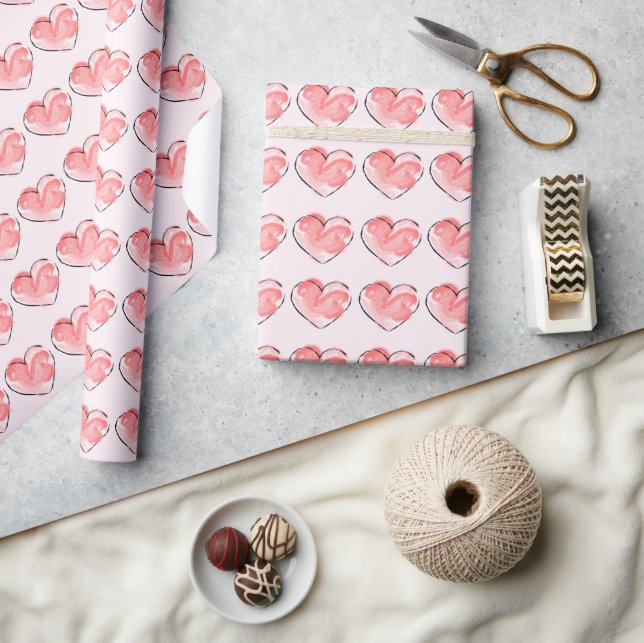 Papel De Presente Aquarela Coração Rosa Fofo (Artesanato)