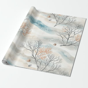 Papel De Presente Aquarela Costeira Coral & Ondas de Conchas (1)
