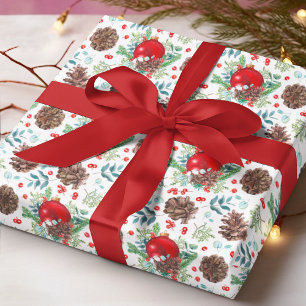 Papel De Presente Aquarela de Bolas Vermelhas de Natal, Floral de Pi