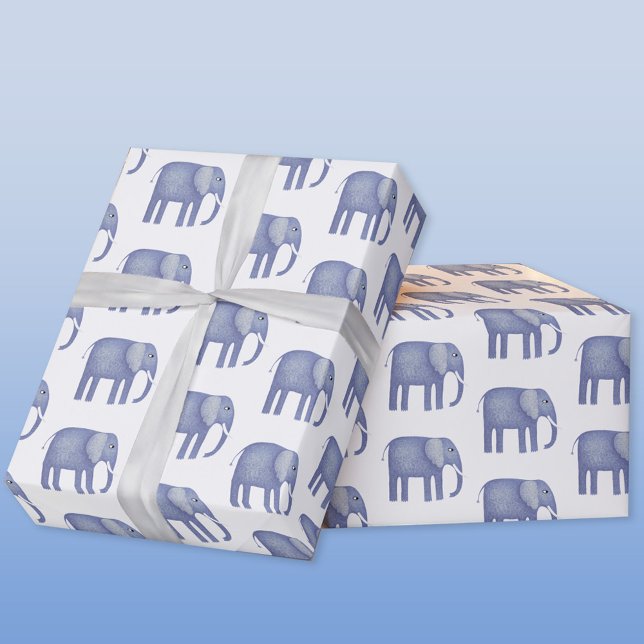 Papel De Presente Aquarela de Elefante Azul (Blue watercolor elephant wrapping paper roll)