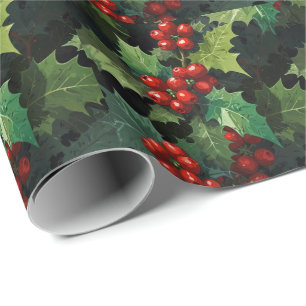 Papel De Presente Aquarela de Natal folhas de bagas de azevinho botâ