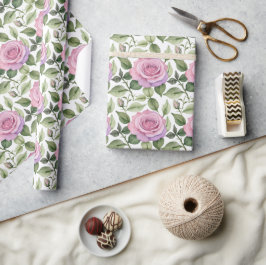 Papel De Presente Aquarela de Rosas Rosa e Lavanda