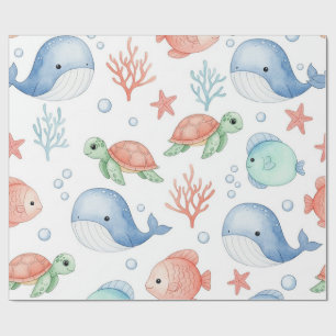 Papel De Presente Aquarela Debaixo do Mar Animais Marinhos Fofos