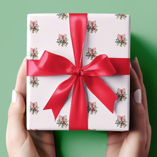 Papel De Presente Aquarela Evergreen, Frutas e Laço Branco Vermelho (Criador carregado)