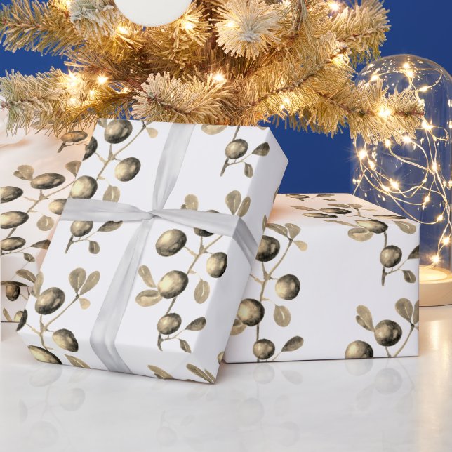 Papel De Presente Aquarela festiva Berries Dourados de bege de Natal (Feriados)