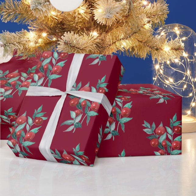 Papel De Presente Aquarela Festiva Natal Vermelho Berries Borgonha (Feriados)