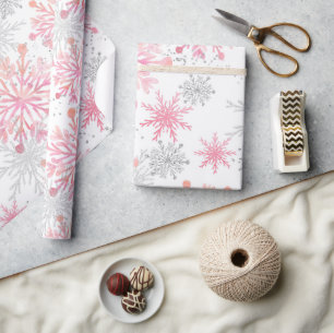 Papel De Presente Aquarela Flocos de Neve de Inverno com Brilho Rosa