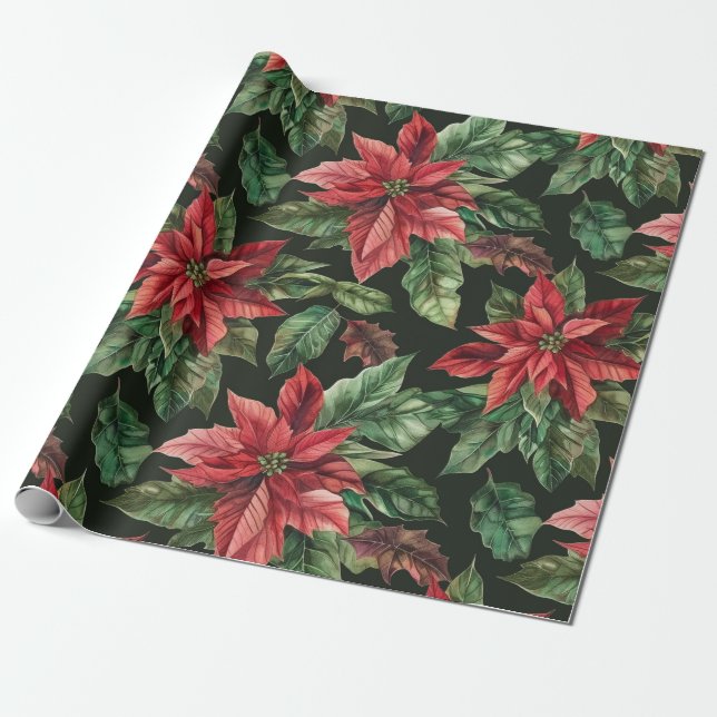 Papel De Presente aquarela Flor de Poinsettia Padrão de Natal (Desenrolado)
