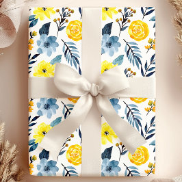 Papel De Presente Aquarela Flor Floral Boho Amarelo Azul-Marinho