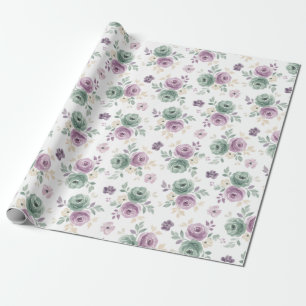 Papel De Presente Aquarela Floral Abstrata Verde-azulado Malva Bege
