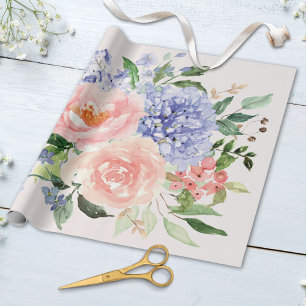 Papel De Presente Aquarela Floral Azul Rosa Hortênsia Peônia Primave