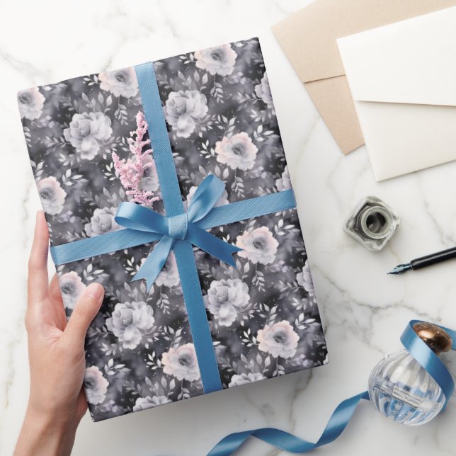 Papel De Presente Aquarela Floral Cinza (Presentear)