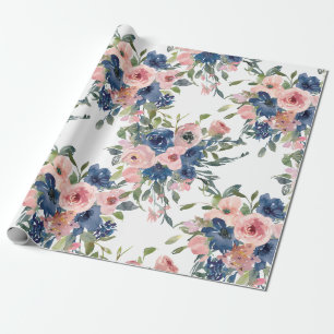 Papel De Presente Aquarela floral em azul marinho e rosa