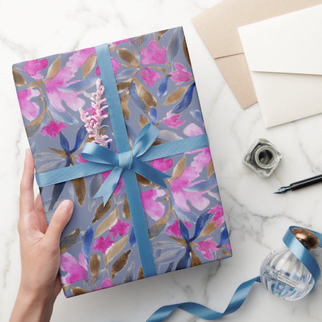 Papel De Presente Aquarela Floral em Azul Veneziano Rosa Cedro (Presentear)