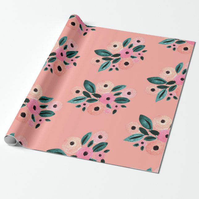 Papel De Presente Aquarela Floral em Verde Azul e Rosa (Desenrolado)