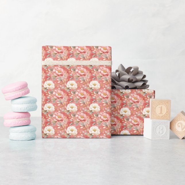 Papel De Presente Aquarela Floral Rosa e Marfim (Chá de bebê)