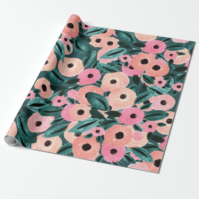 Papel De Presente Aquarela Floral Rosa e Verde Água (Desenrolado)