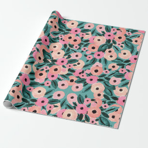 Papel De Presente Aquarela Floral Rosa e Verde Água