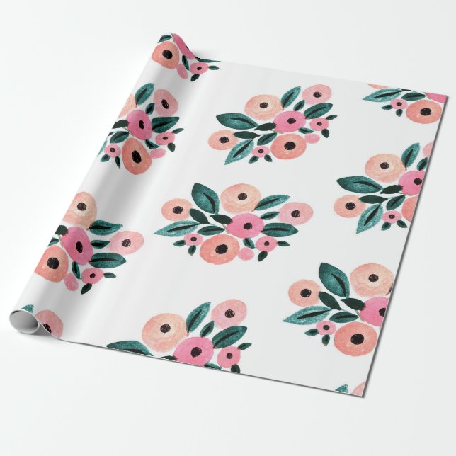 Papel De Presente Aquarela Floral Rosa e Verde Água (Desenrolado)