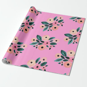 Papel De Presente Aquarela Floral Rosa e Verde Água
