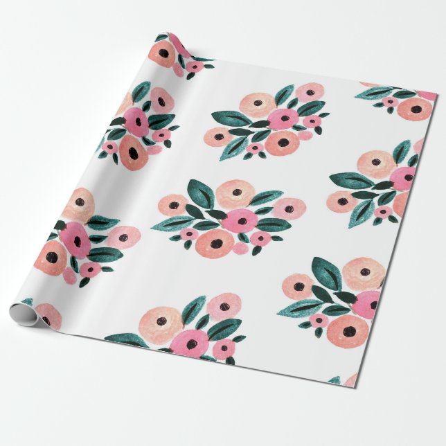 Papel De Presente Aquarela Floral Verde-azulado e Rosa (Desenrolado)