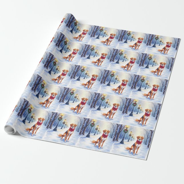 Papel De Presente Aquarela Foxhound Americano Poste de Neve (Desenrolado)