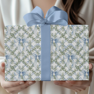 Papel De Presente Aquarela Grandmillennial Arco Azul e Folhagens