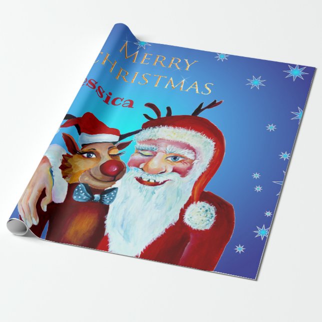 Papel De Presente Aquarela Magical Santa Claus Sorrindo Rudolph (Desenrolado)