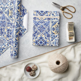 Papel De Presente Aquarela Moderna Mediterrânea Azulejos Azuis