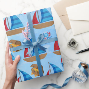 Papel De Presente Aquarela Náutica Barco Tesouro Pirata Azul