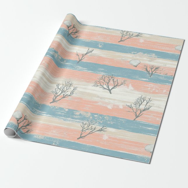 Papel De Presente Aquarela Ondas de Coral e Conchas Costeiras (4) (Desenrolado)